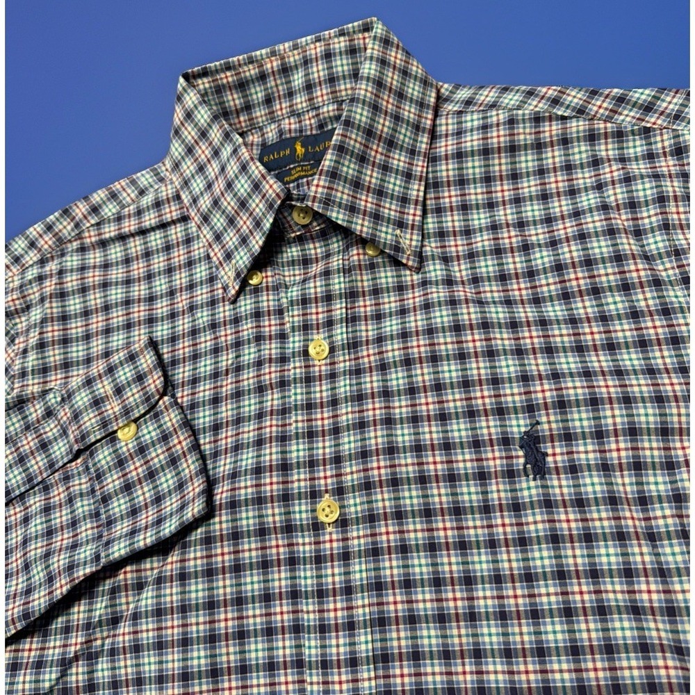 Ralph Lauren Slim Fit Performance Shirt Men S Blue White Plaid‎ Preppy Casual
